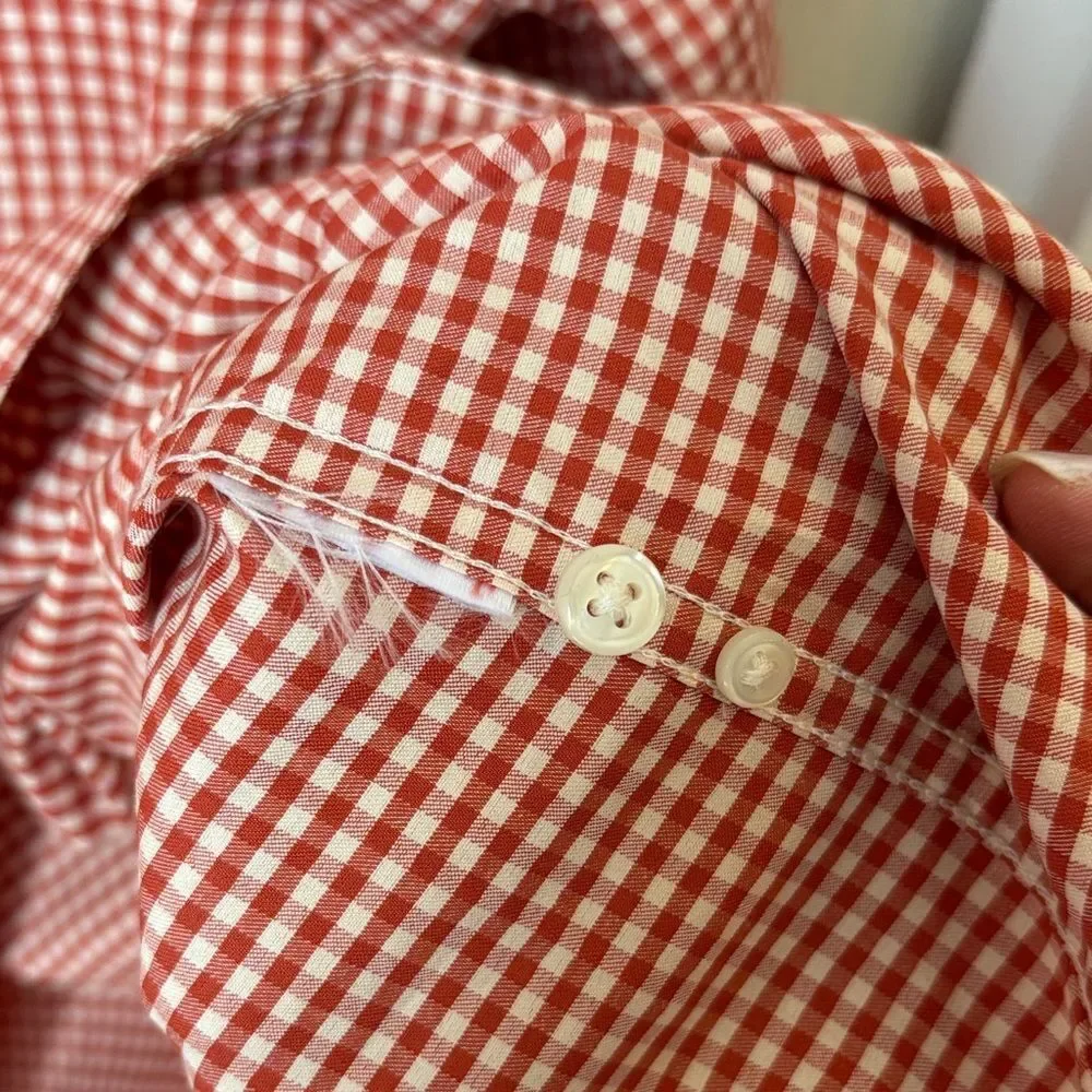 J. Crew pair of Red Yellow Plaid Men casual cotton button down Shirts M slim EUC